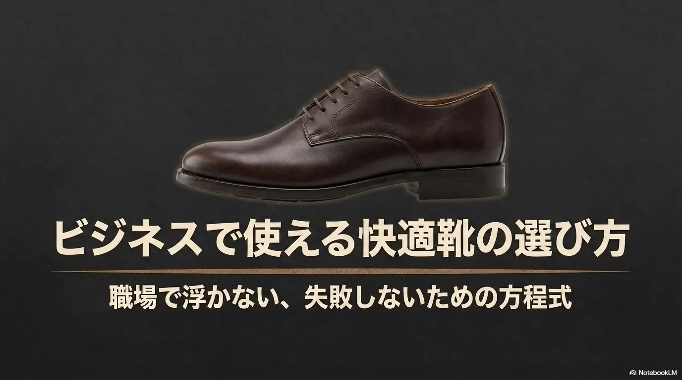 茶色の革靴のイメージと、「ビジネスで使える快適靴の選び方」のタイトルスライド