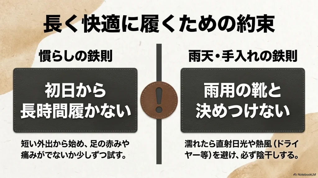初日から長時間履かないことや、雨天時の陰干しなど、長く靴を履くための購入前の注意点