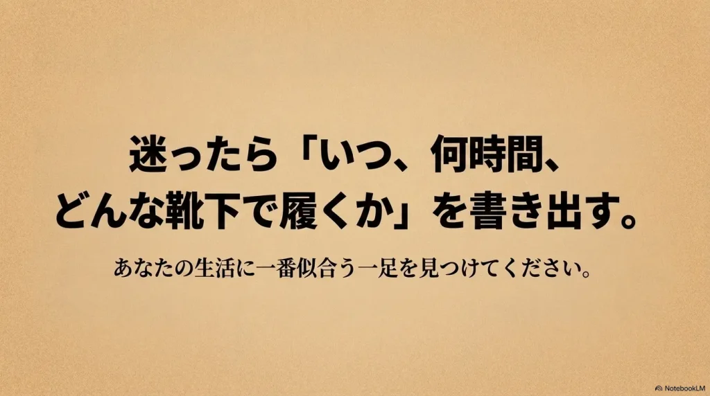 かかとありサンダル選びに迷った際は「いつ、何時間、どんな靴下で履くか」を書き出し、生活に一番似合う一足を見つける