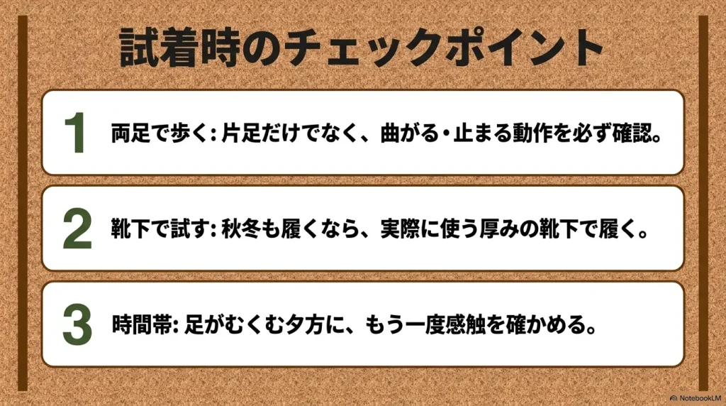 片足だけでなく両足で歩くこと、使う靴下で試すこと、足がむくむ夕方に確認することなど試着時の重要ポイント