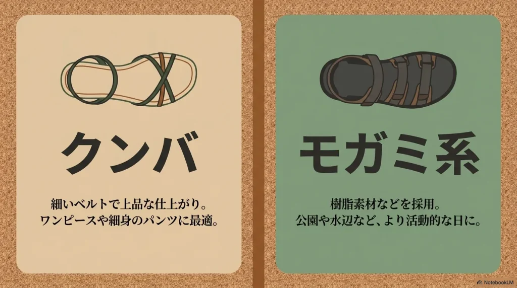上品な細めベルトのクンバと、公園や水辺など活動的な日に向く樹脂素材モガミ系の特徴比較