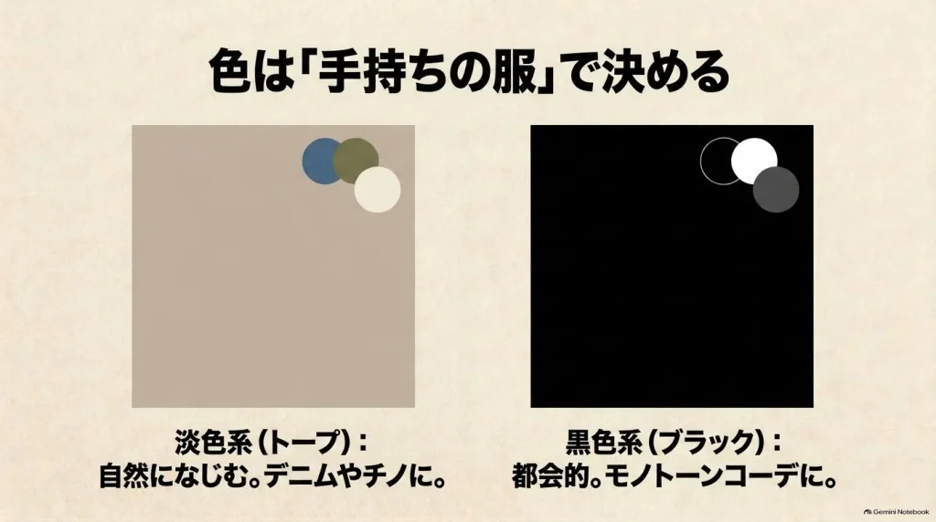 手持ちの服に合わせたビルケンシュトックKyotoの色選び（トープとブラック）