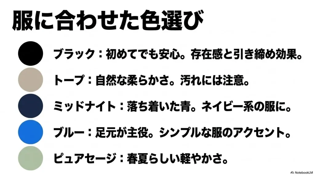 ブラック、トープ、ミッドナイト、ブルー、ピュアセージの各色が与える印象と合わせやすい服の解説