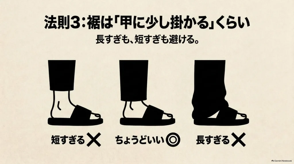 Kyotoコーデの法則3：パンツの裾は甲に少し掛かるくらいの長さに調整する