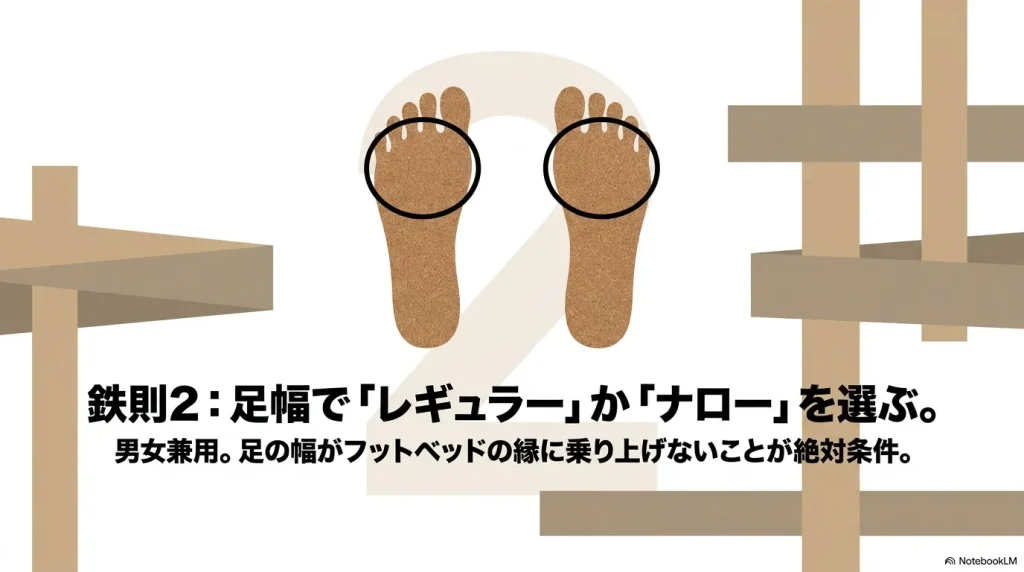 男女兼用であり、足の幅がフットベッドの縁に乗り上げないことを絶対条件として幅を選ぶことを解説したスライド