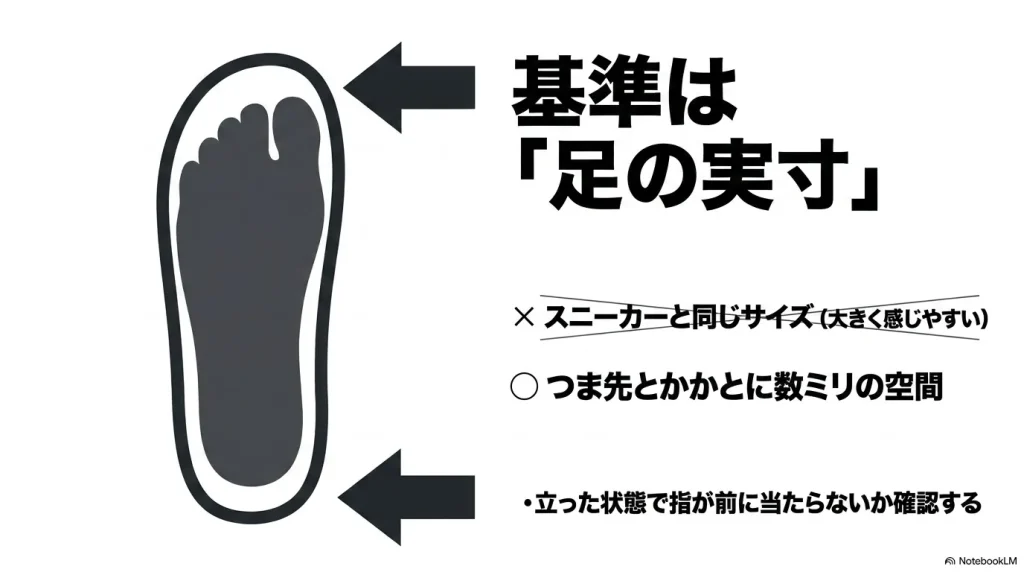 Kyotoのサイズはスニーカーと同じではなく、つま先とかかとに数ミリの空間を残す足の実寸を基準に選ぶことを示す図解