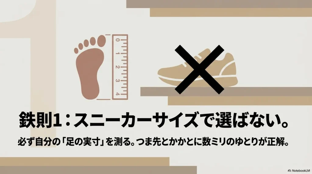 スニーカーサイズ選びにはバツ印がつき、定規で足の実寸を測りつま先とかかとに数ミリのゆとりを持たせることを推奨する図解
