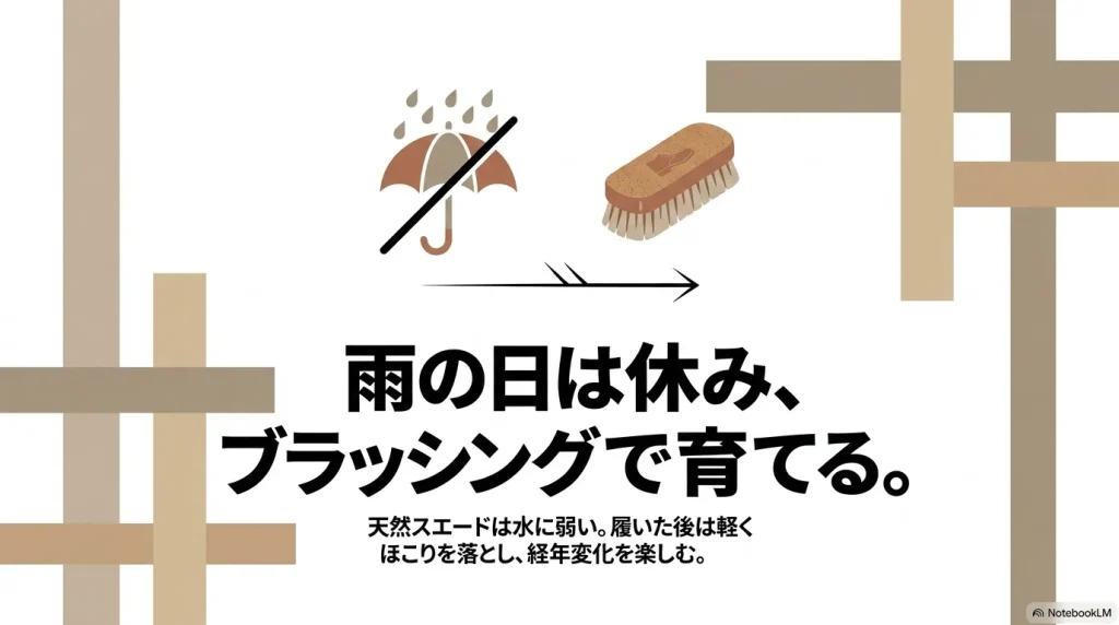 天然スエードは水に弱いため雨の日は休み、履いた後はブラッシングでほこりを落として経年変化を育てるというメンテナンスの基本スライド