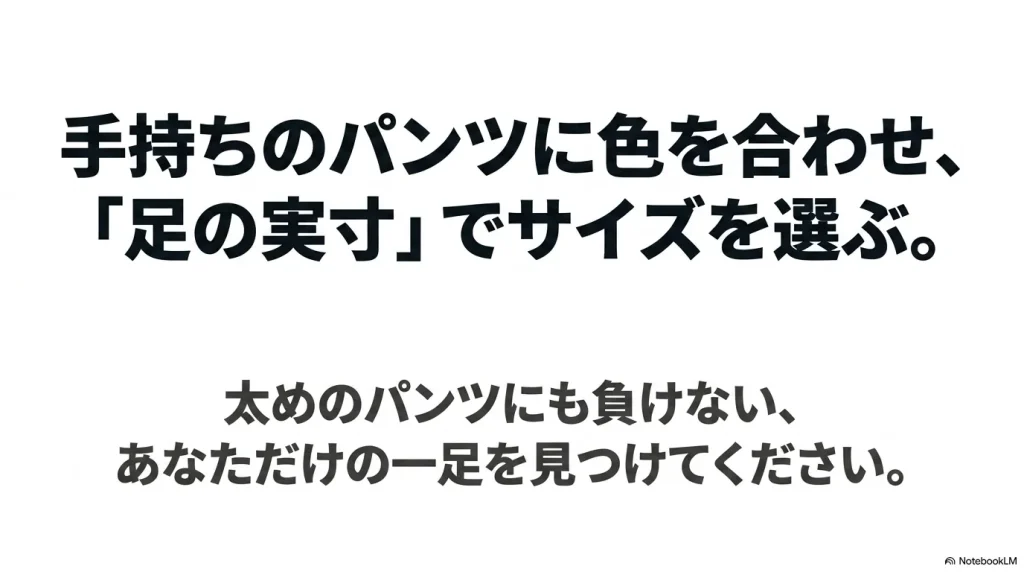 手持ちのパンツに色を合わせ、足の実寸でサイズを選ぶことで、太めのパンツにも負けないKyotoを見つけようというまとめのメッセージ