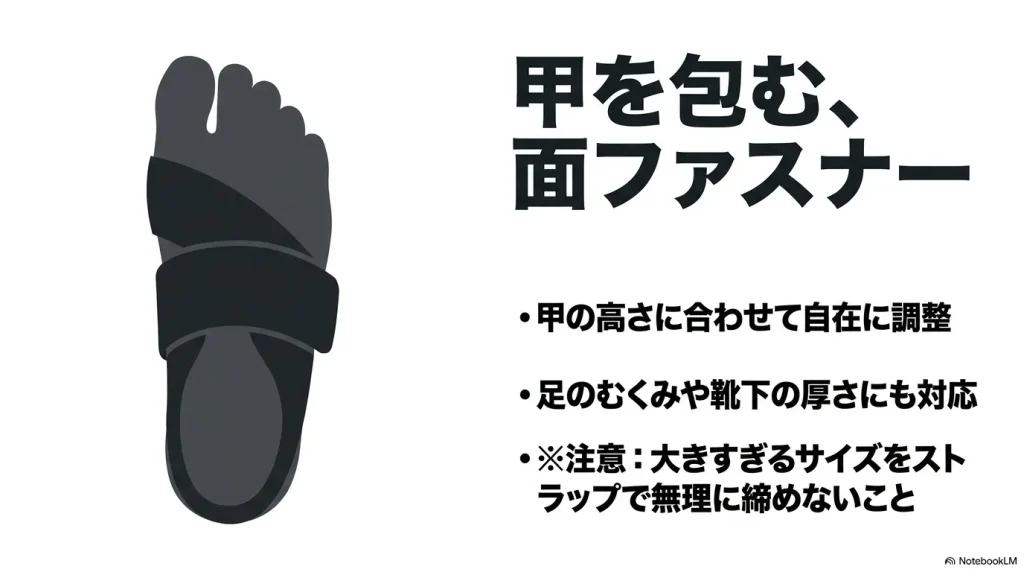 Kyotoの面ファスナーは甲の高さに合わせて自在に調整可能であることを示す図解