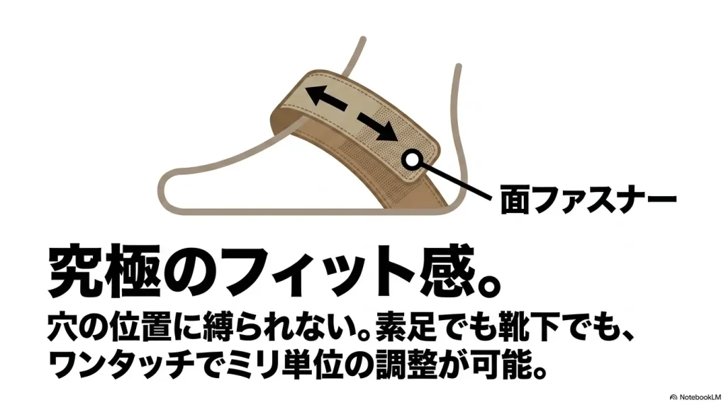 穴の位置に縛られず、面ファスナーでワンタッチでミリ単位の調整が可能であることを説明する図解