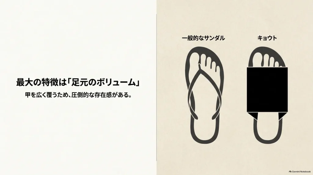 一般的なサンダルとビルケンシュトックKyotoの足元のボリューム比較