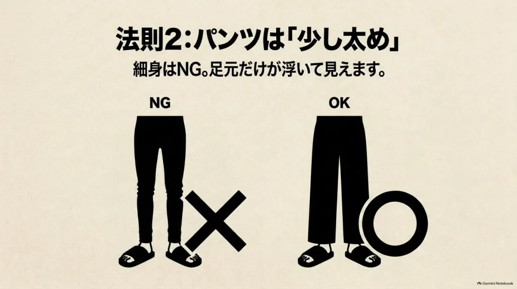 Kyotoコーデの法則2：細身のパンツを避け少し太めのパンツを合わせる