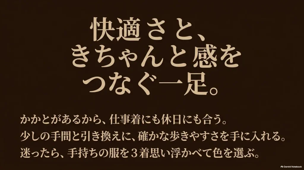 快適さときちんと感をつなぐ一足。仕事着にも休日にも合い、手持ちの服から色を選ぶことを推奨するロンドン選びのまとめメッセージ。
