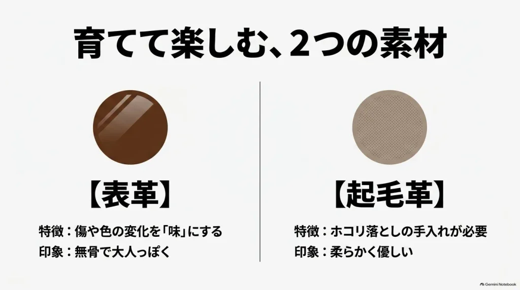 傷や色の変化を味にする無骨な「表革」と、柔らかく優しい印象の「起毛革」の特徴を比較した素材イメージ。