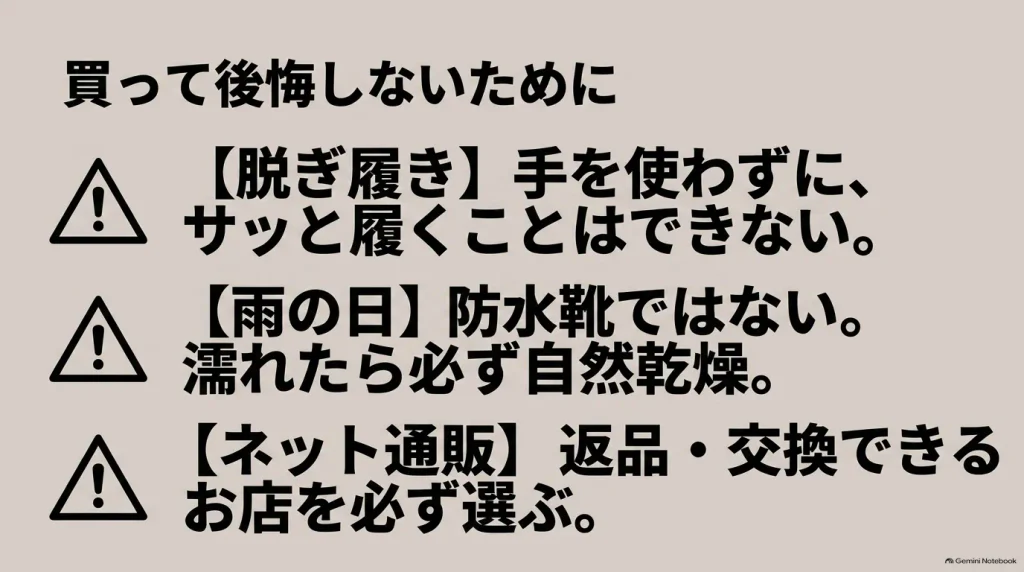 脱ぎ履きの手間、雨の日の自然乾燥、ネット通販での返品交換可否に関する、ロンドン購入前の3つの注意点と警告マーク。
