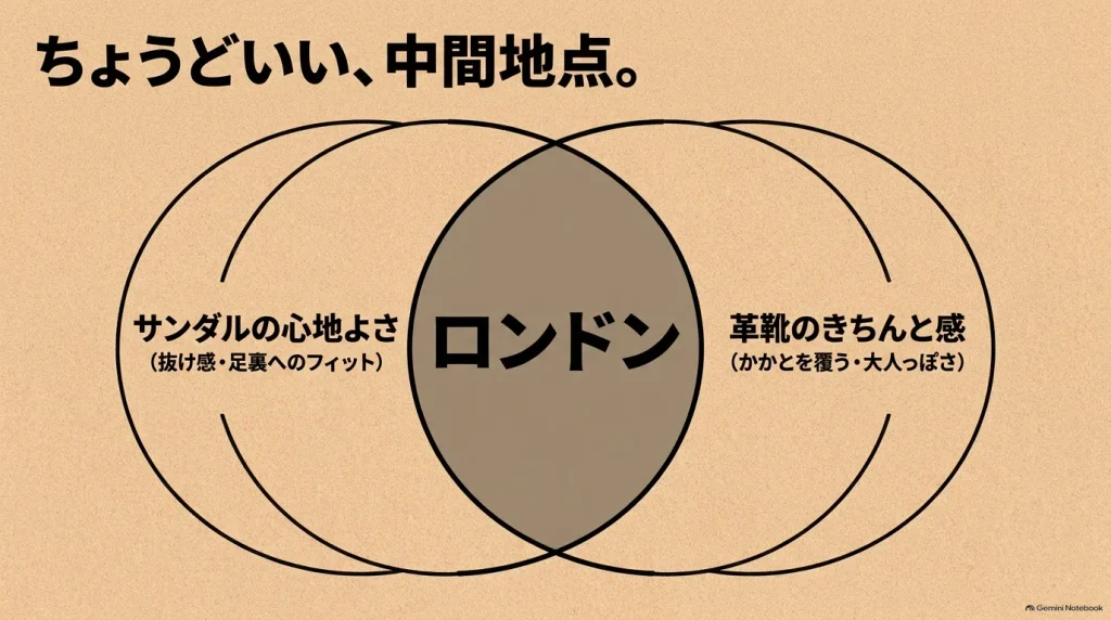 サンダルの心地よさと革靴のきちんと感の「ちょうどいい中間地点」にあるロンドンの立ち位置を示す図解。
