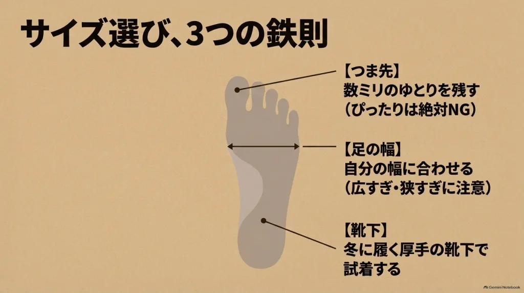 つま先のゆとり、自分の足の幅に合わせること、冬用の厚手靴下での試着という、ロンドンのサイズ選びにおける3つの鉄則を図解した足のイラスト。