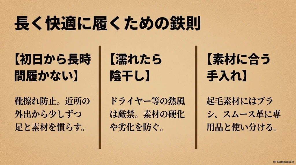 靴擦れを防ぐため初日から長時間履かないことや、熱風を避けた陰干しなど、ビルケンシュトックを長く快適に履くための手入れの鉄則