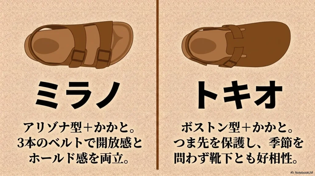 3本ベルトでホールド感のあるミラノと、つま先を保護して靴下とも相性の良いトキオの特徴比較