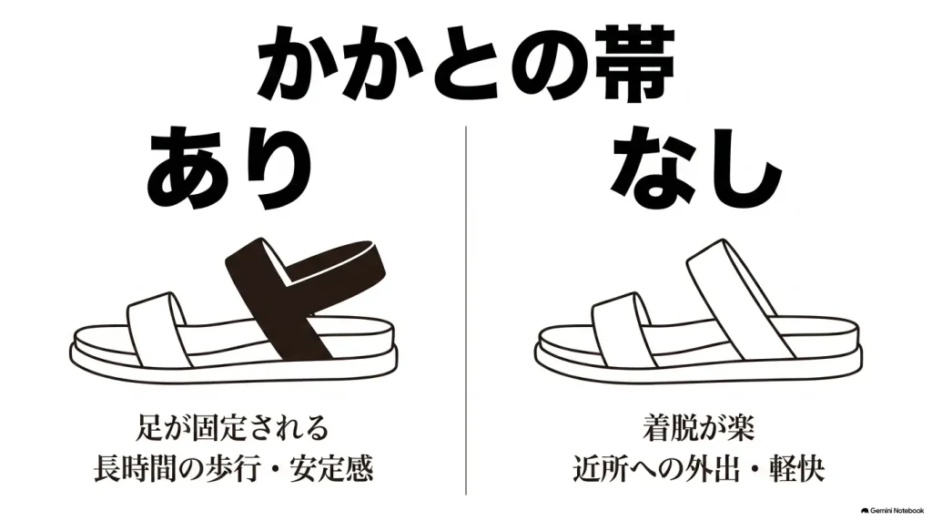 かかとの帯があるミラノ(安定感)と帯がないアリゾナ(着脱が楽)の比較