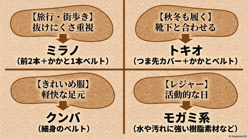 旅行にはミラノ、きれいめ服にはクンバなど、シーンや用途別に適したかかとありビルケンシュトックのモデル一覧