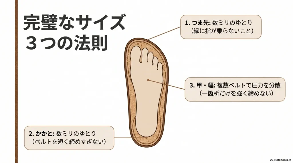 つま先とかかとの数ミリのゆとり確保や複数ベルトでの圧力分散など、ビルケンシュトックの完璧なサイズ選び3つの法則