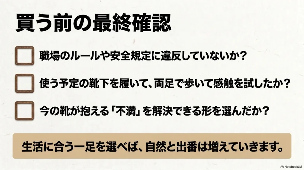 職場のルールや試着用靴下の準備、手持ちの靴の不満解決など、購入前にチェックすべき最終確認項目