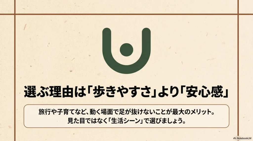 かかとありのサンダルを選ぶ理由は歩きやすさよりも旅行や子育てなど動く場面での足が抜けない安心感