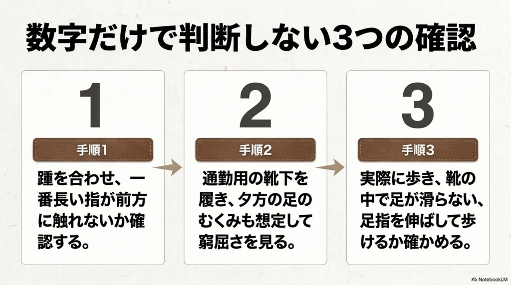 踵の位置、通勤用靴下の着用、歩行時のズレ確認など、サイズと幅を正しく選ぶための3つの手順