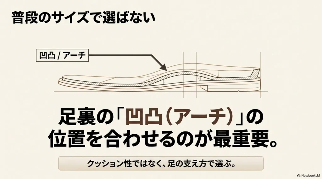 普段のサイズで選ばず、足裏の凹凸（アーチ）の位置を合わせるのが最重要