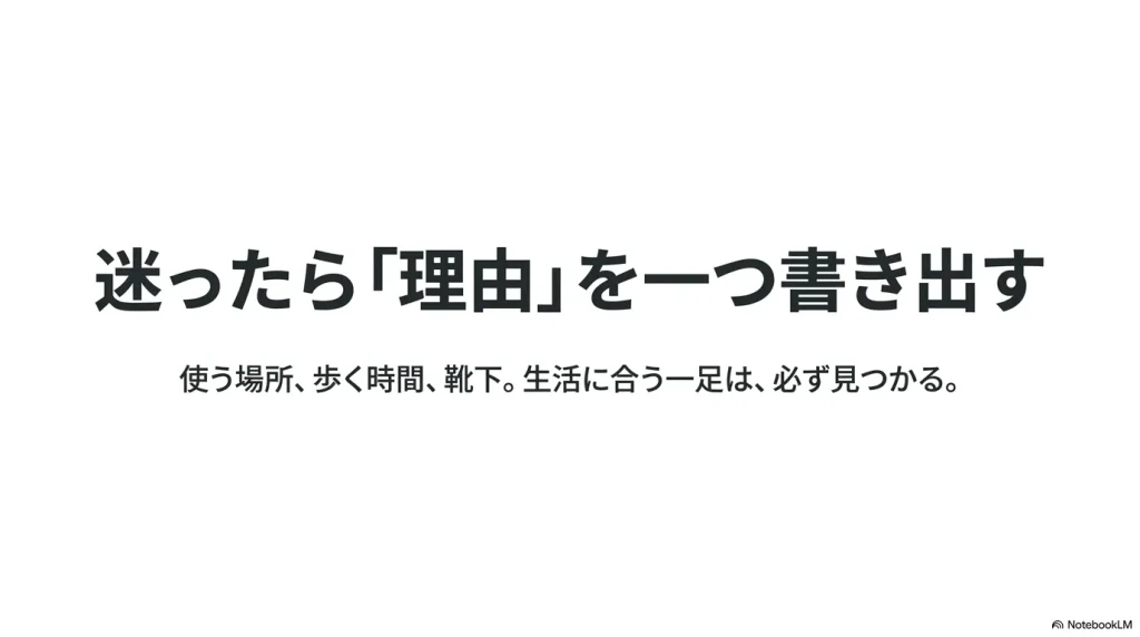 迷ったら使う場所、歩く時間、靴下など選ぶ理由を一つ書き出す