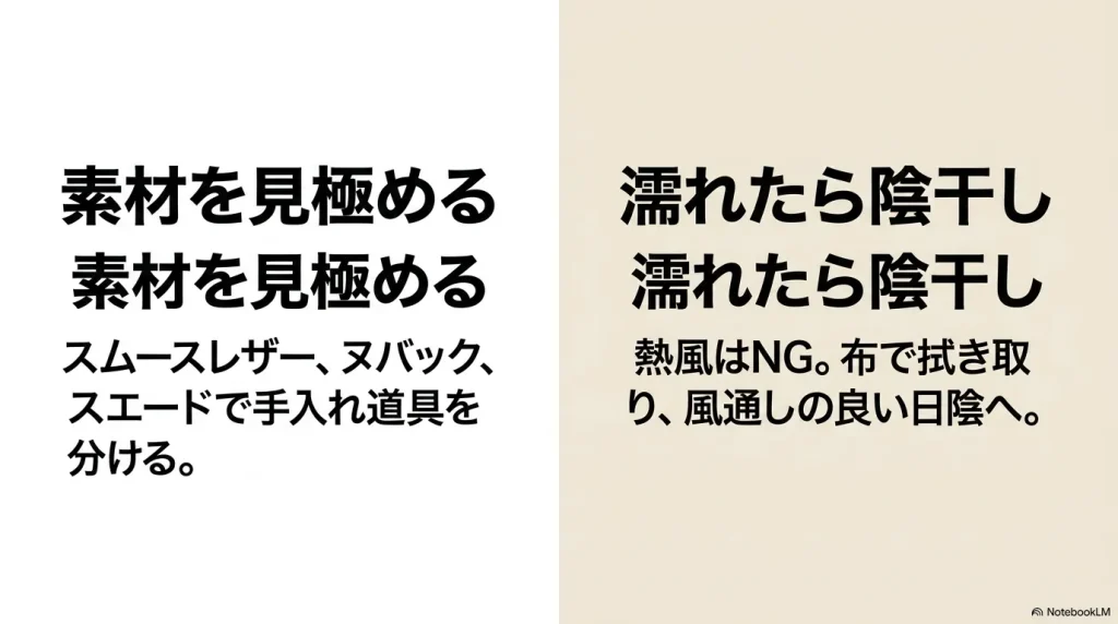 スムースレザーやスエードなど素材ごとの手入れと、濡れた場合の陰干し方法