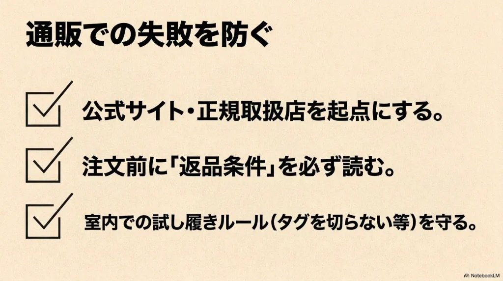 公式サイトを起点にする、返品条件を読む、室内で試し履きをするなど通販での失敗を防ぐコツ