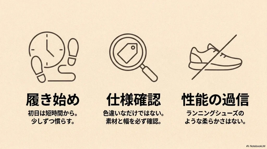 初日は短時間から慣らす、素材と幅の仕様確認、性能を過信しないなどの注意点