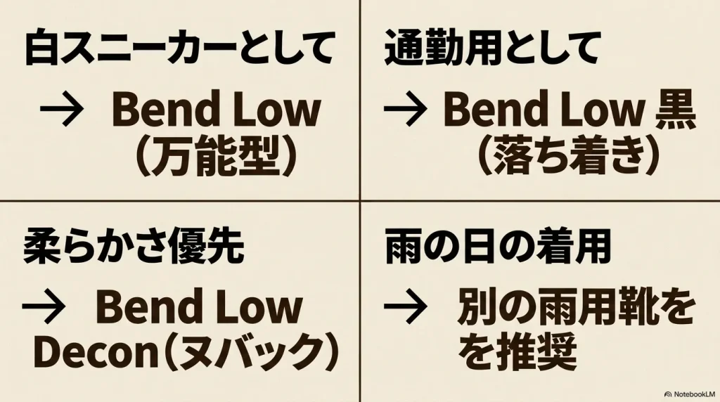 白スニーカー、通勤用、柔らかさ優先など、使う場面ごとの推奨モデル