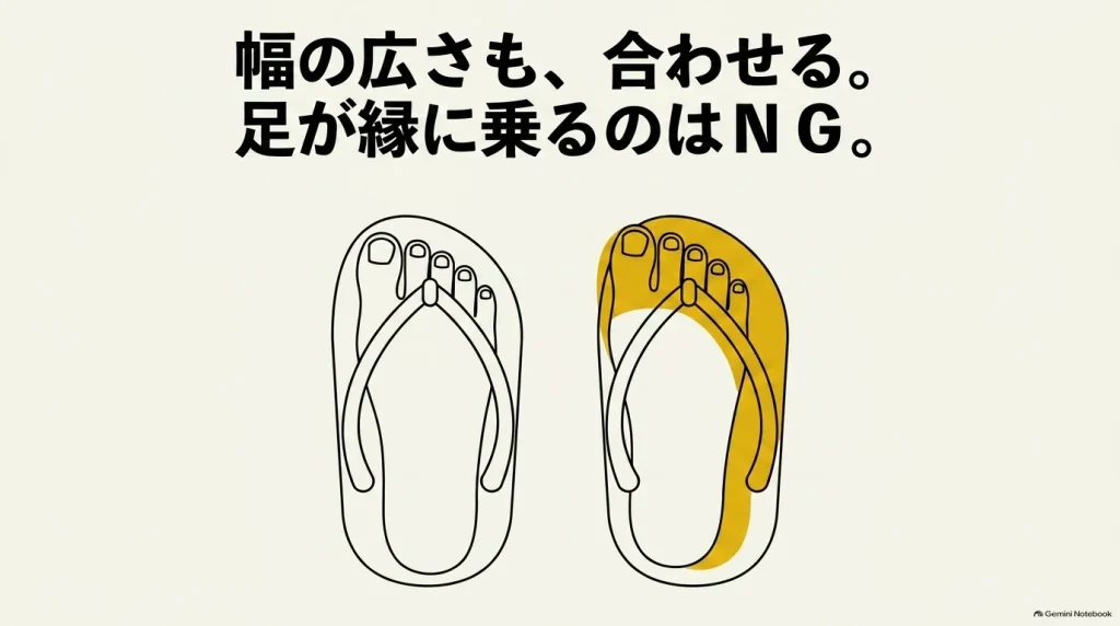 足がフットベッドの縁に乗らないよう幅の広さを合わせる図
