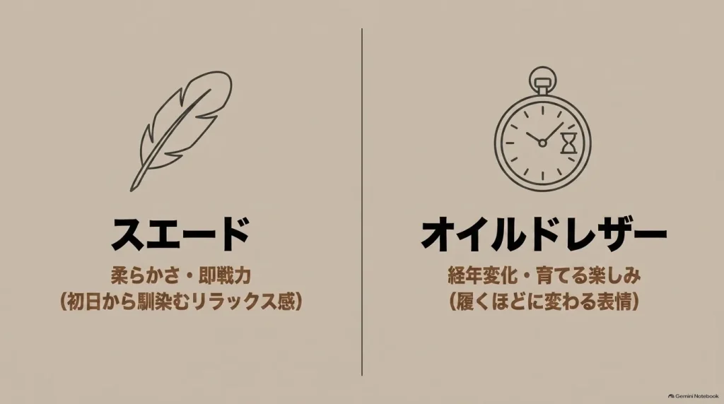 ボストンの素材比較。初日から馴染むスエードと、経年変化を育てるオイルドレザー。