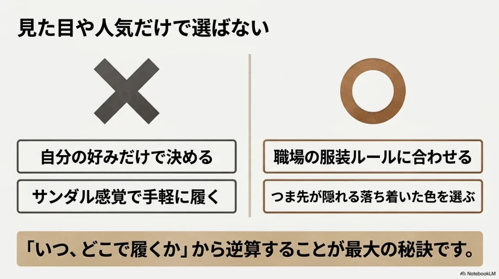 職場の服装ルールに合わせるなど、見た目や人気だけで選ばないための靴選びの結論まとめ