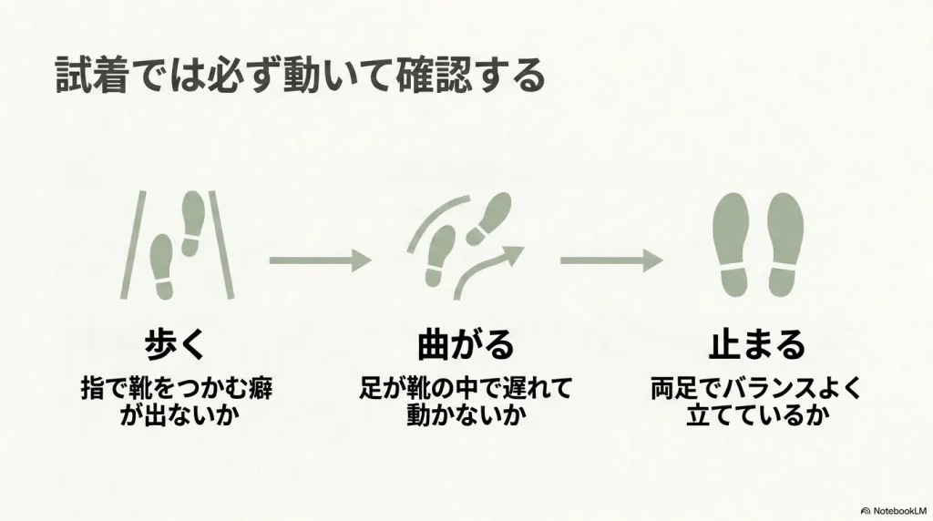 試着時に歩く・曲がる・止まる動作でフィット感とずれを確認する方法