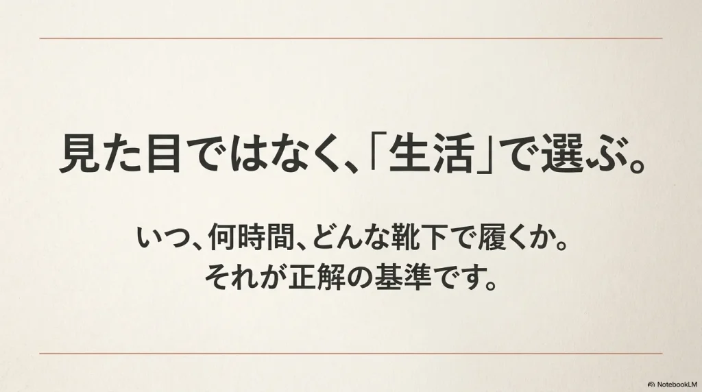 ブーツは見た目ではなく、いつ、何時間、どんな靴下で履くかという生活スタイルを基準に選ぶ