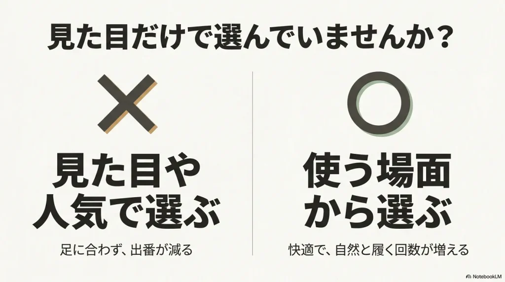 見た目だけでなく使う場面から選ぶことで快適に履ける理由の図解