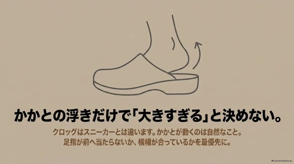 クロッグは歩行時にかかとが動くのが自然。かかとの浮きだけで大きすぎると判断せず、足指の当たりを最優先にする。