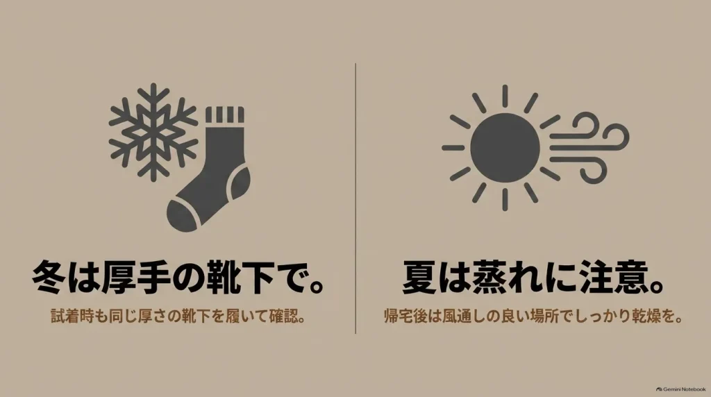 クロッグの季節別対策。冬は厚手の靴下と合わせ、夏は蒸れに注意して帰宅後にしっかり乾燥させる。