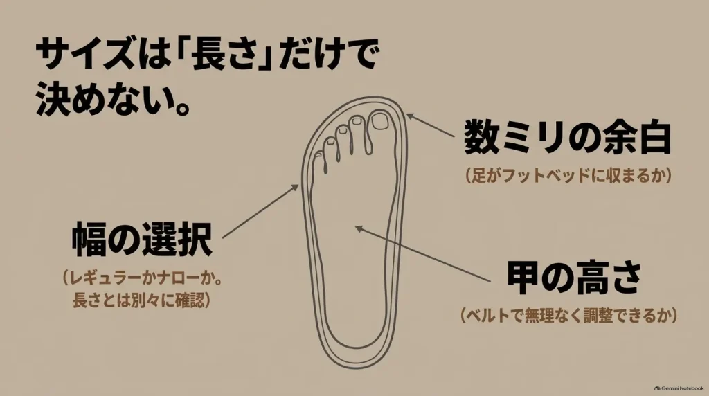 クロッグのサイズ選びのポイント。長さの余白、幅の選択、甲の高さを個別に確認する。