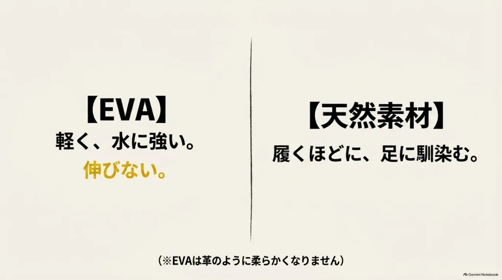 伸びないEVA素材と足に馴染む天然素材の特徴比較