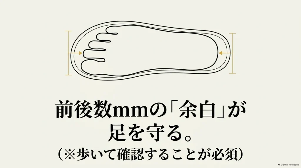 フットベッドの前後数ミリの余白が足を守ることを示すサイズ確認図