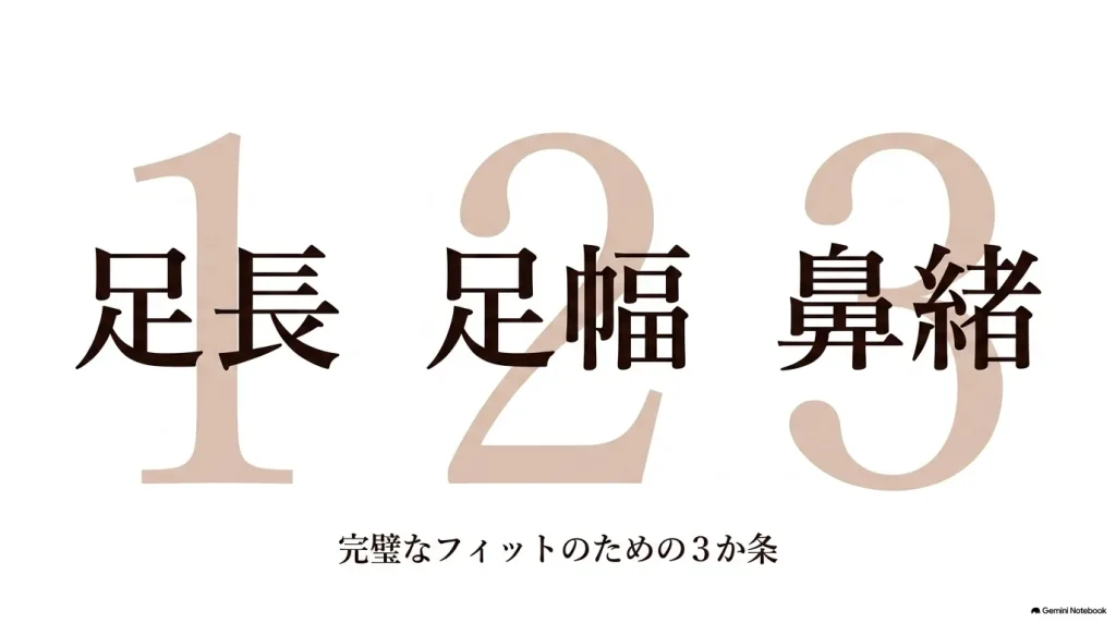 足長、足幅、鼻緒。完璧なフィットのための3か条と書かれた文字