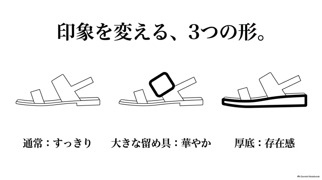 通常モデル、ビッグバックル、厚底の3つのギゼのイラスト。すっきり、華やか、存在感など形状による印象の違いを比較。