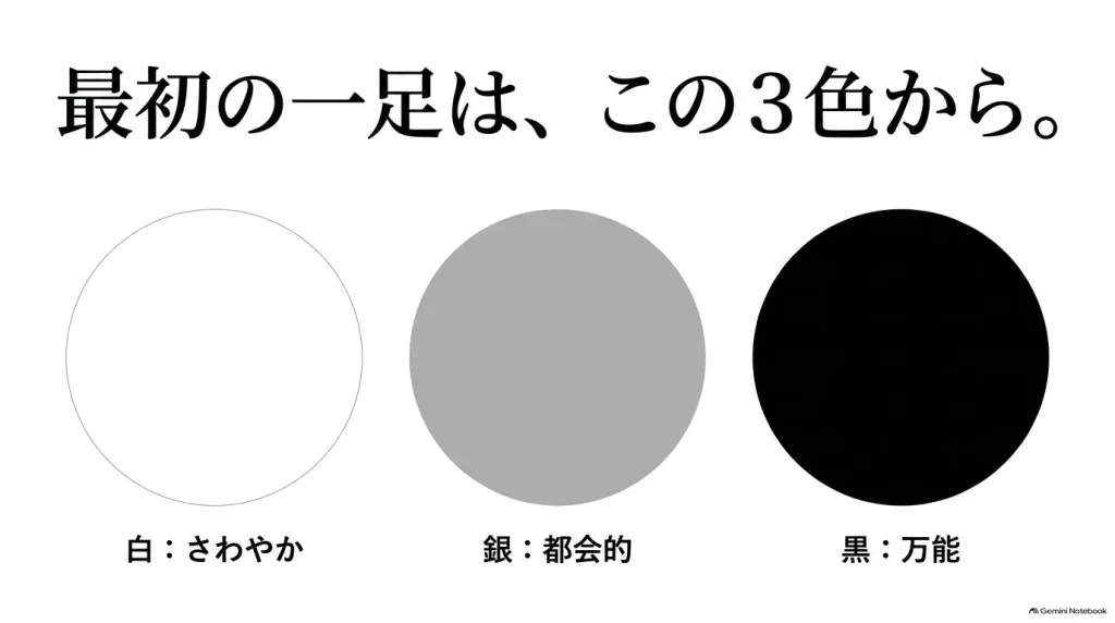 ギゼの最初の一足におすすめの3色。さわやかな白、都会的な銀、万能な黒の特徴。